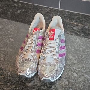 Adidas Women's Glitter Silver and Pink Sneakers